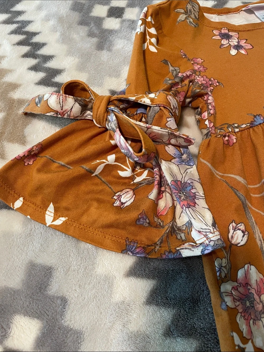 Girls fall Floral Tie-Sleeve Dress - Rust